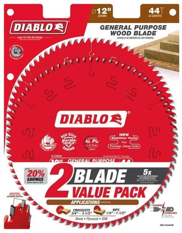 Diablo D124444Vp 12-Inch 44-Tooth General Purpose Wood-Cutting Saw Blade 1
