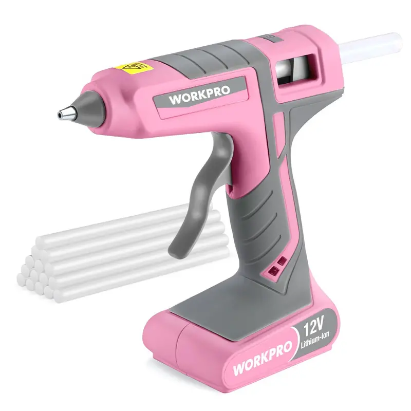 Workpro 12V Cordless Hot Melt Glue Gun — Rechargeable Full-Size Applicator With Pink Ribbon Accents 1
