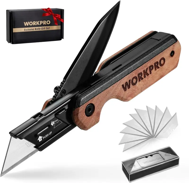 Workpro 2-In-1 Folding Utility Knife – Retractable Blade With 10 Extra Sk5 Steel Replacement Blades 1
