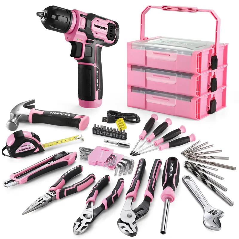 Workpro 43-Piece 8V Cordless Drill & Driver Home Tool Kit – Pink Ribbon Edition With Stackable Toolbox 1