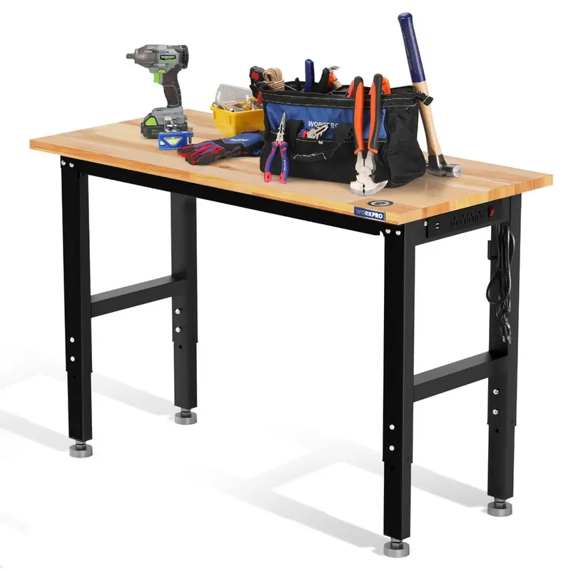 Workpro 48-Inch Adjustable Hardwood Workbench – 1500-Lb Load Rating, Power Outlets & Stabilizing Feet 1