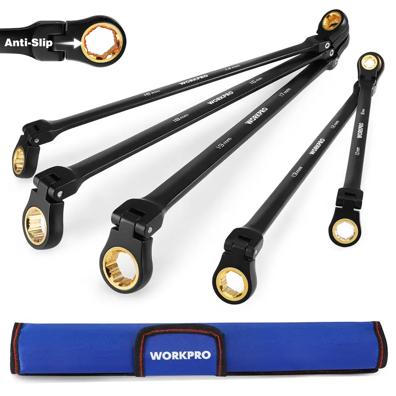 Workpro 5-Piece Extra-Long Flex-Head Ratcheting Wrench Set – Metric Range (8–19 Mm) In Rolling Pouch 1