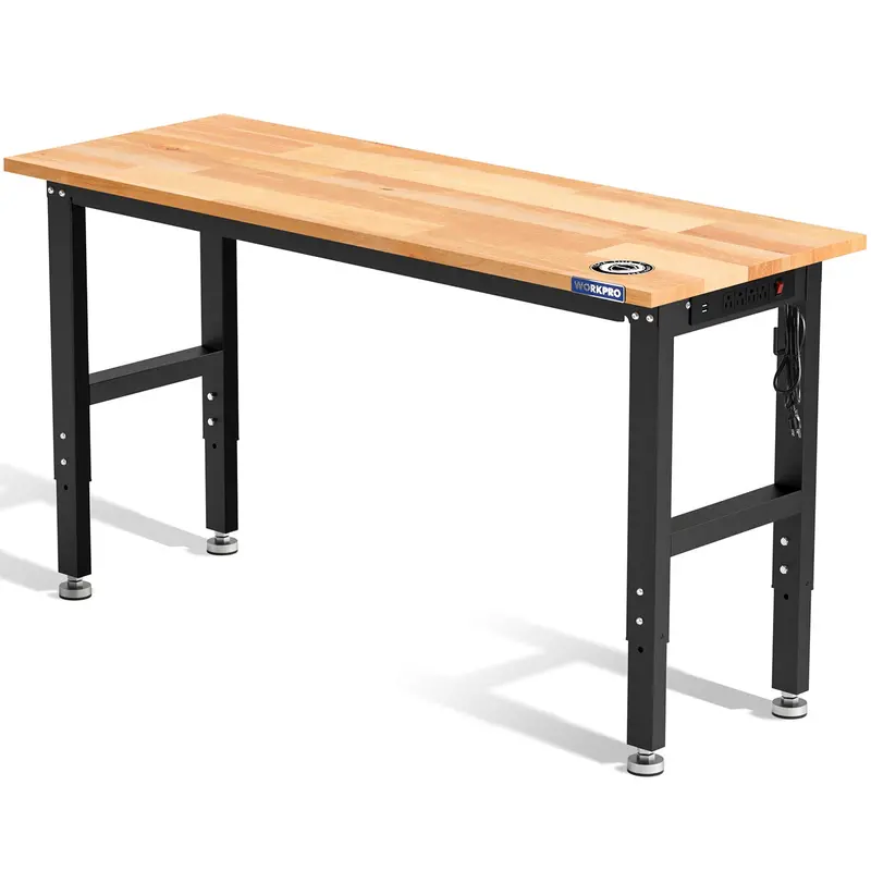 Workpro 60-Inch Adjustable Hardwood Workbench – 1500-Lb Capacity, Built-In Outlets & Leveling Feet 1