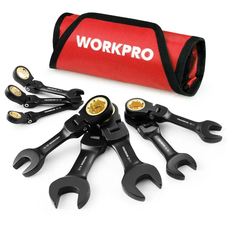 Workpro 8-Piece Flex-Head Stub Wrench Set – Anti-Slip Ratcheting Design With Rolling Pouch 1