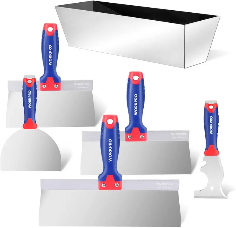 Workpro Drywall Taping & Repair Kit – 8-In-1 Stainless Putty Knife Set With Mud Pan & Spackle Tools 1