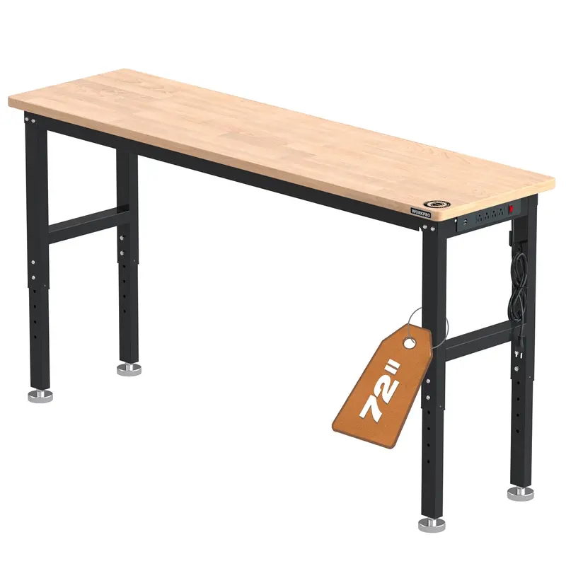 Workpro Heavy-Duty Adjustable Workbench – 72" Hardwood Top, 3000 Lb Capacity & Built-In Power Outlets 1
