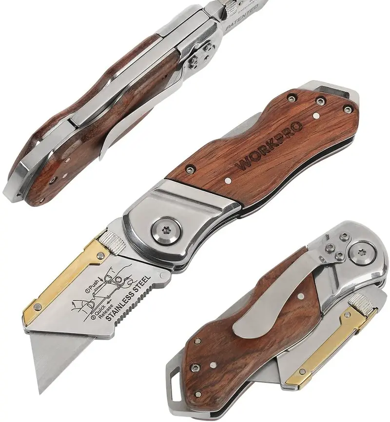 Workpro Heavy-Duty Folding Utility Knife – Solid Wood Handle With Replaceable Blades 1