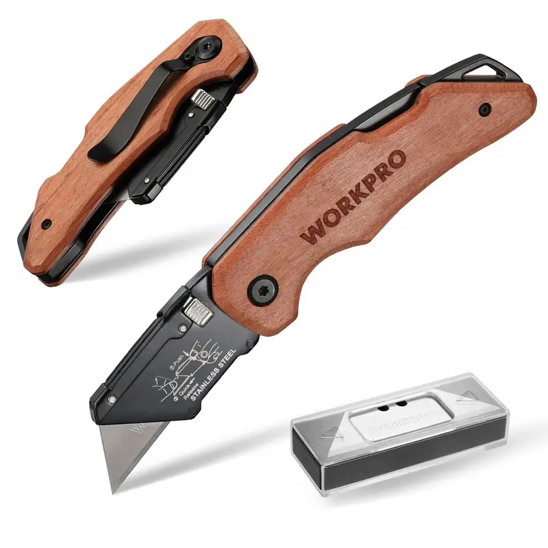 Workpro Heavy-Duty Wood-Handle Folding Utility Knife — Durable Manual Cutter For General Use 1