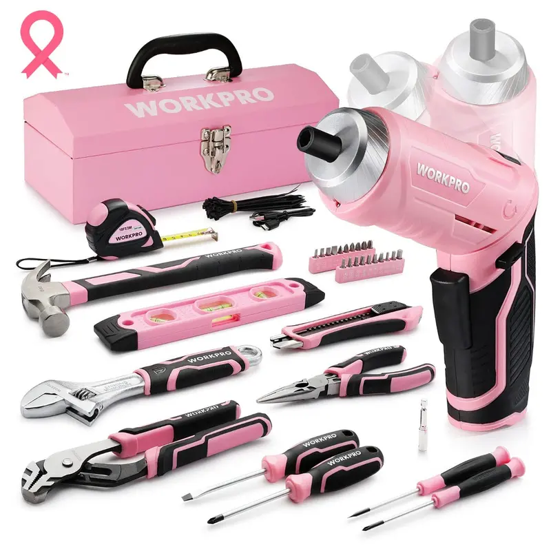 Workpro Pink Cordless Screwdriver Kit – 3.7V Rotatable Driver With 55 Or 75-Piece Tool Set 1