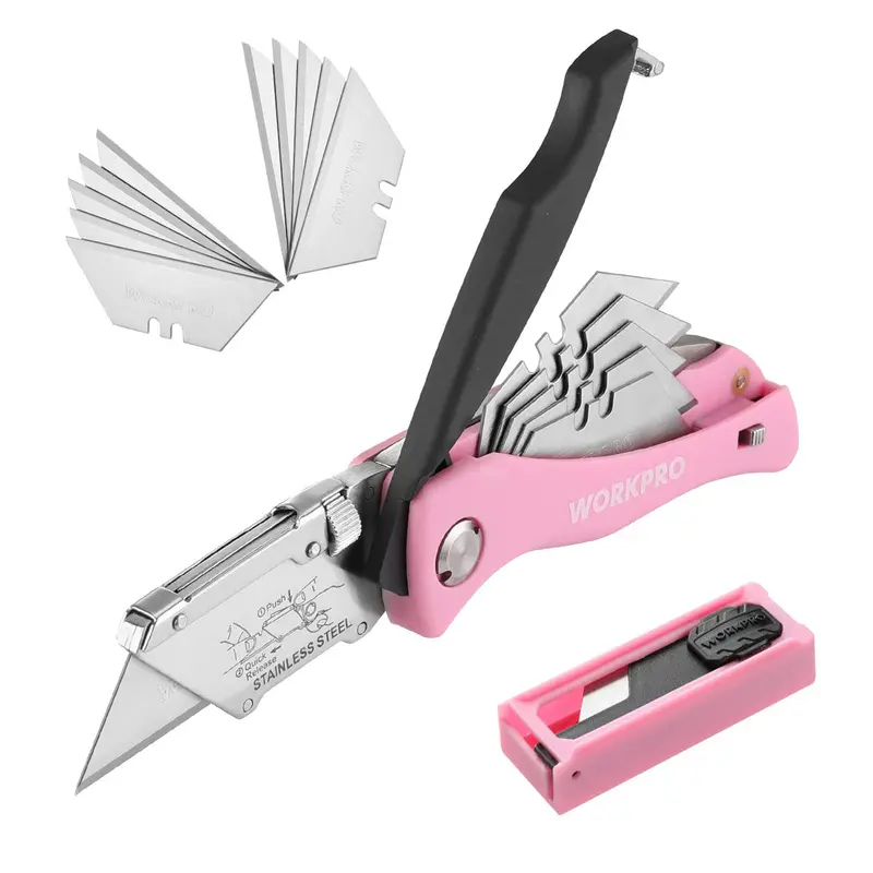 Workpro Pink Folding Box Cutter – Quick-Change Razor Knife With Ribbon-Themed Packaging 1
