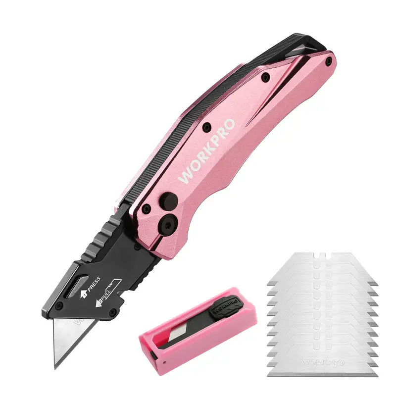 Workpro Pink Folding Utility Knife – Aluminum Handle With 10 Replacement Blades 1