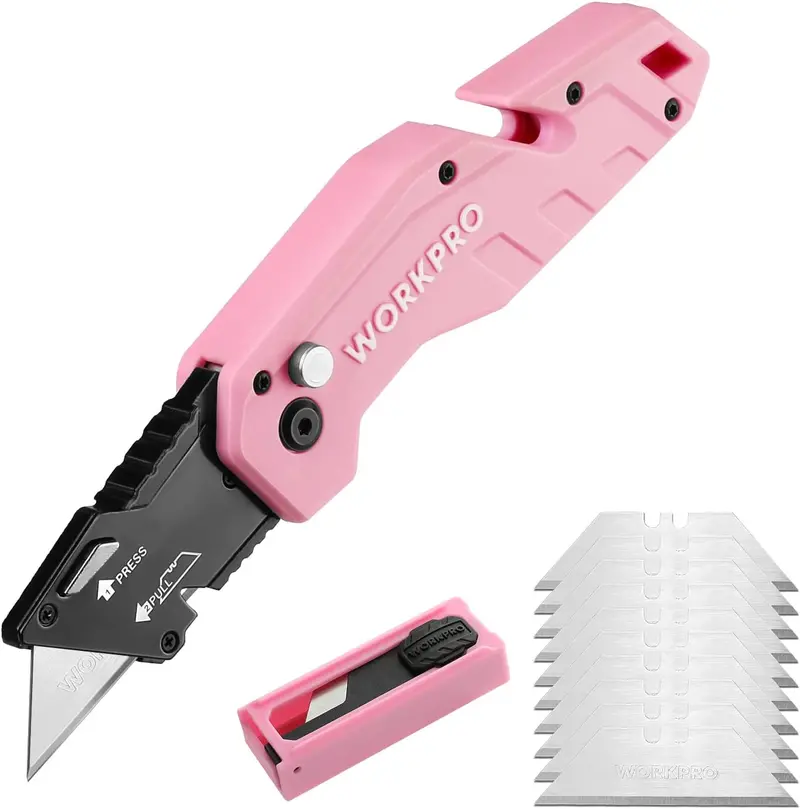 Workpro Pink Folding Utility Knife – Includes 10 Replacement Blades For Versatile Cutting Tasks 1