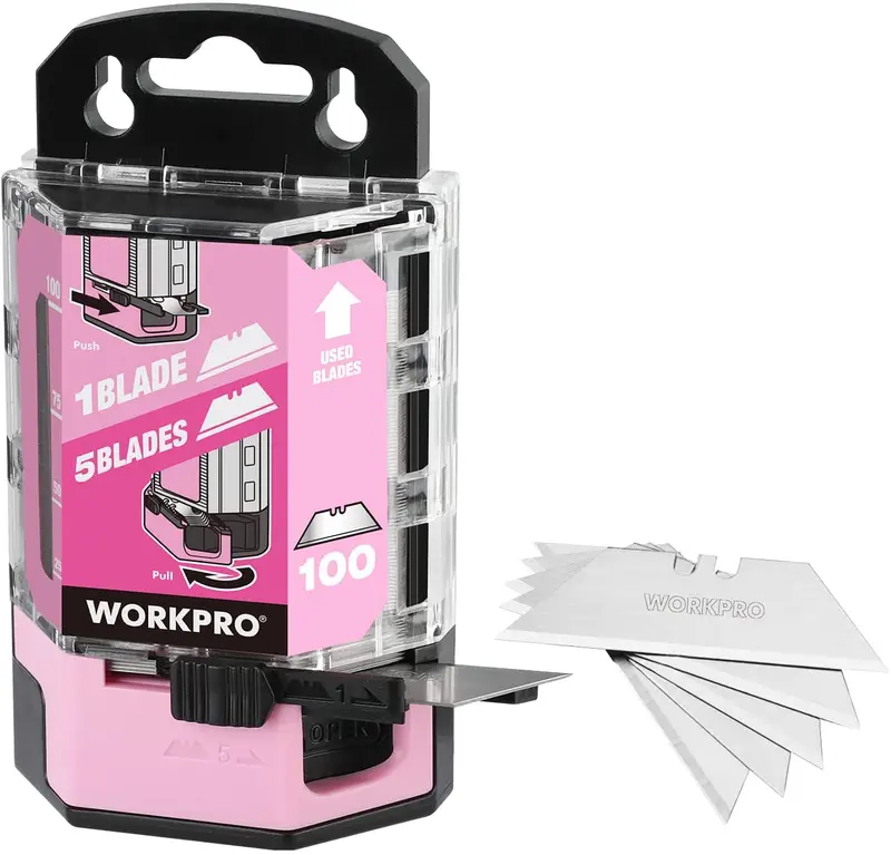 Workpro Sk5 Carbon Steel Utility Knife Blades – 100-Pack With Built-In Dispenser (Pink Ribbon Edition) 2